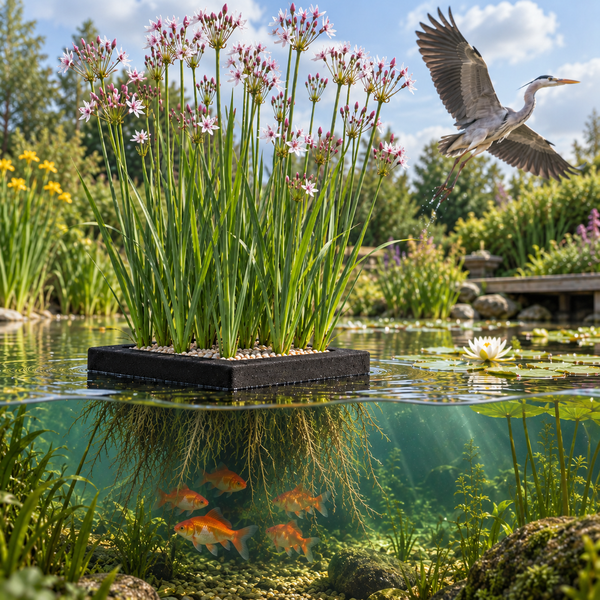 Schwimmende Pflanzinsel für Gartenteiche mit blühenden Wasserpflanzen und schützenden Wurzeln für Goldfische im Teichwasser.