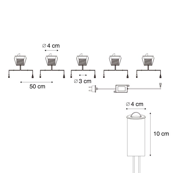 Maßzeichnung LED Einbaustrahlerset mit 5 Leuchten, Durchmesser 4 cm, Einbaudurchmesser 3 cm, Abstand 50 cm, Einzelleuchte Höhe 10 cm.