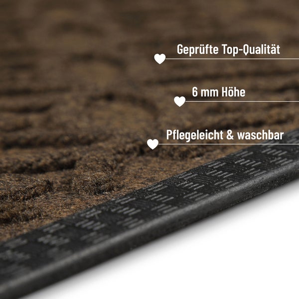 Nahaufnahme einer braunen Fußmatte mit Hinweisen zu geprüfter Top-Qualität, 6 Millimeter Höhe sowie pflegeleichten und waschbaren Eigenschaften.