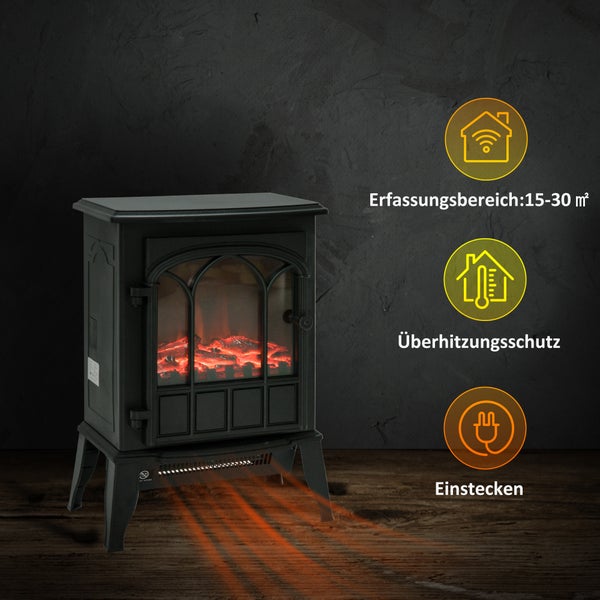 HOMCOM Elektrokamin mit LED-Flammeneffekt, 2000W, mit Heizschutz für Wohnzimmer, Schlafzimmer, 39L x 23B x 56,5H cm, Metall, Schwarz