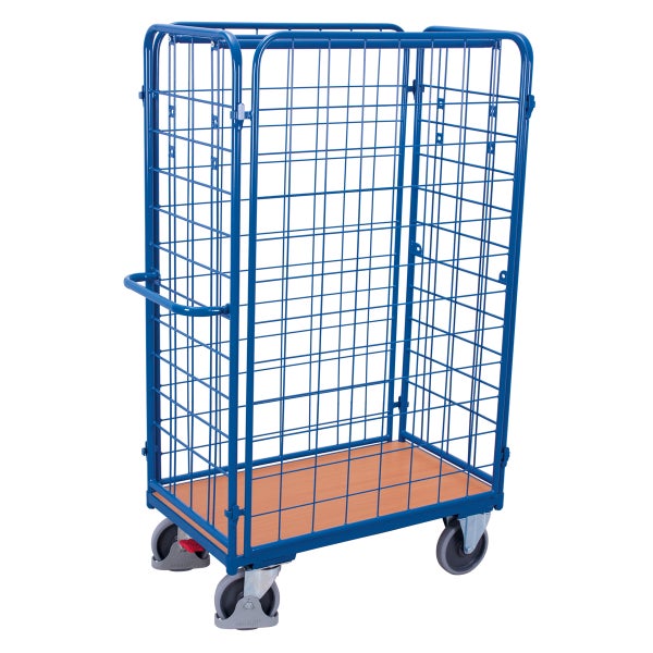 Blauer Gitterwagen mit Holzplatte und Rädern