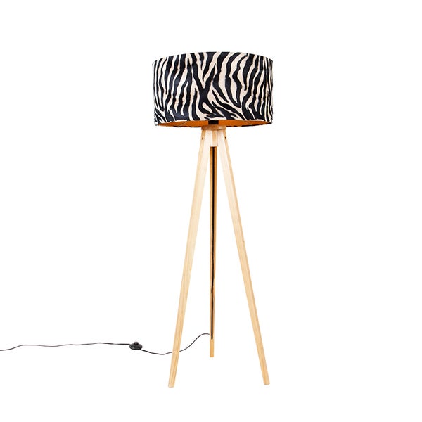 QAZQA - Klassisch I Antik Stehlampe Holz mit Stoffschirm Zebra 50 cm - Stativ Classic I Wohnzimmer I Schlafzimmer - Textil Rund - LED geeignet E27