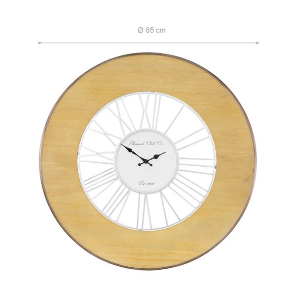 WOMO-DESIGN | XXL Große Wanduhr Alfheim rund Ø85 cm Weiß-Natur, aus Holz-Metall, Vintage-Stil, Retro Dekoration, Römische Ziffern, Lautlos, Geräuschlosem Uhrwerk, Dekorative Uhr für Wohnzimmer, Küche