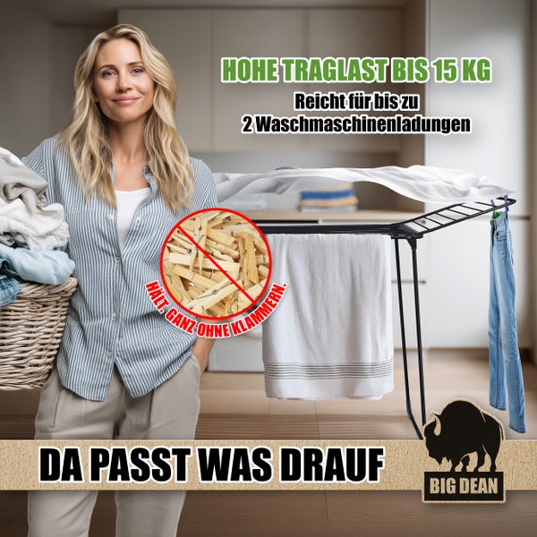 Wäscheständer mit Wäsche und dem Hinweis, dass keine Klammern benötigt werden