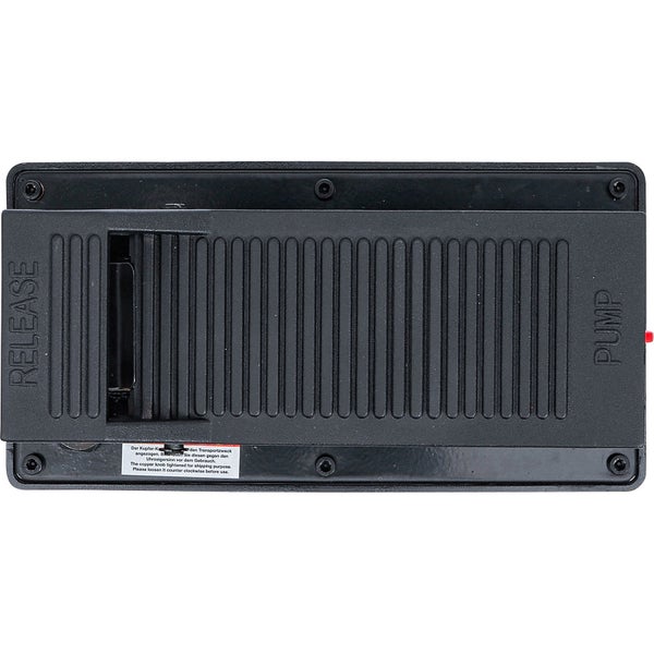 Schwarze Fußpumpe mit Release und Pump Aufschrift