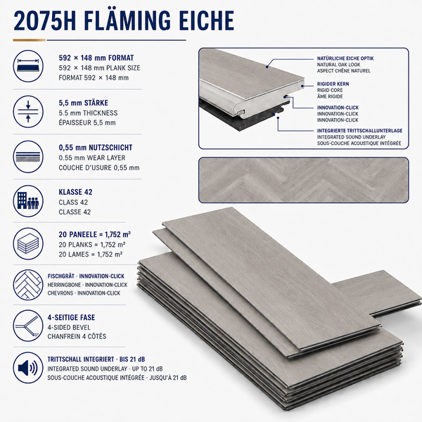 Produktdatenblatt für Vinylboden 2075H Fläming Eiche im Fischgrät Design mit Klicksystem, 5,5 mm Stärke und integrierter Trittschalldämmung.