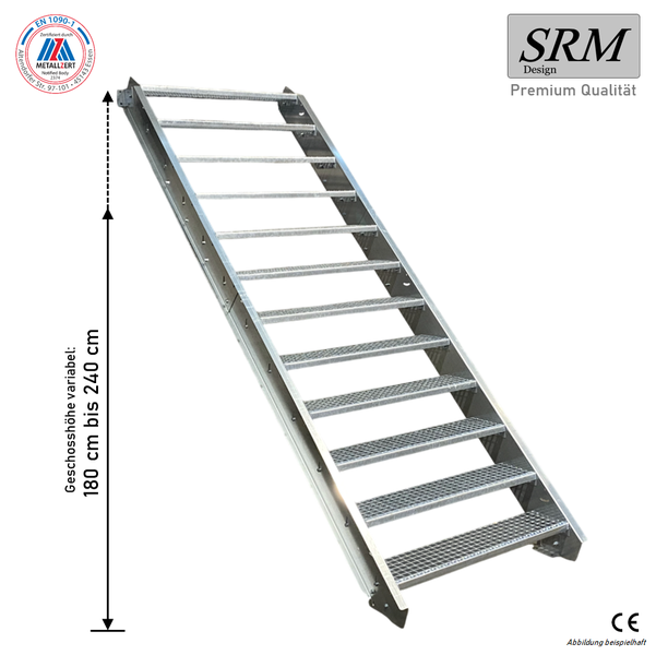 Stahltreppe mit 12 Gitterroststufen, variable Geschosshöhe von 180 bis 240 Zentimeter, SRM Design Logo, CE Kennzeichnung, EN 1090-1 zertifiziert.