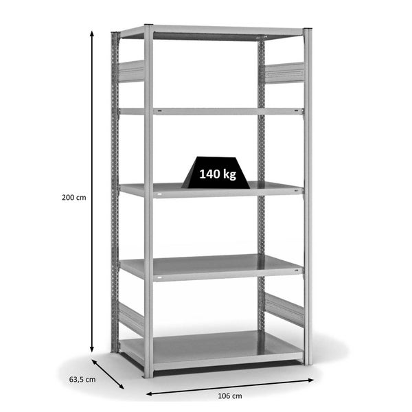 PROREGAL Fachbodenregal Stecksystem T-Profil Light-Duty Grundregal HxBxT 200 x 100 x 60 cm 5 Ebenen Fachlast 140 kg Beidseitig Nutzbar Verzinkt