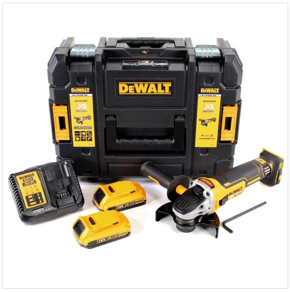 DeWalt Akku-Winkelschleifer-Set bestehend aus Winkelschleifer, zwei 18 Volt Akkus, Ladegerät und Systembox