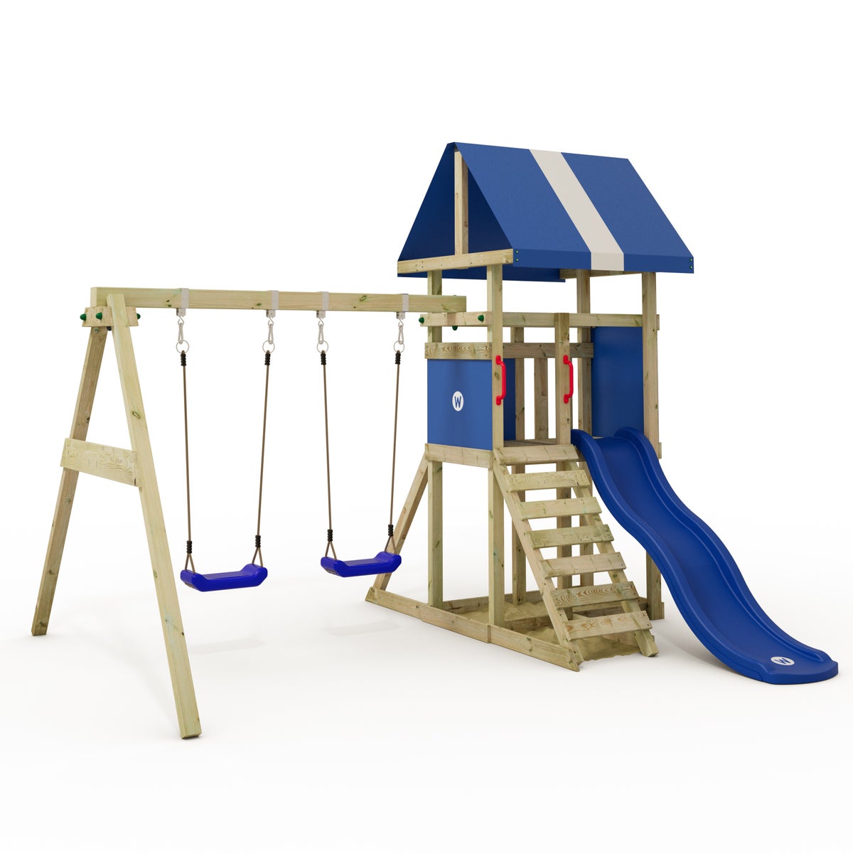 WICKEY Spielturm Klettergerüst DinkyHouse mit Schaukel und Rutsche, Kletterturm mit Sandkasten, Leiter und Spiel-Zubehör - blau