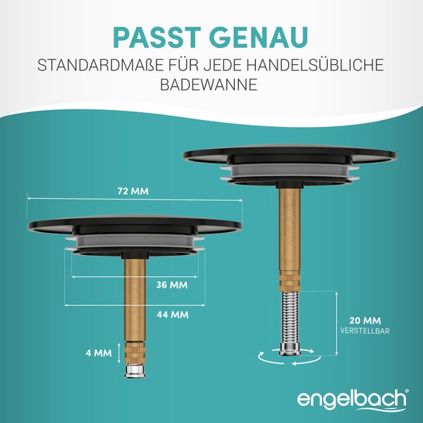 Engelbach® Badewannenstöpsel mit Universaler Passform - integrierte Doppel Dichtung - Schwarz