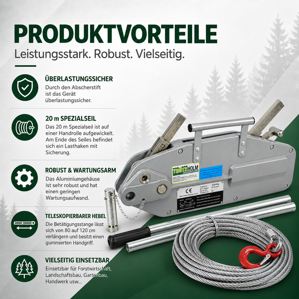 Produktvorteile einer Seilwinde mit Aluminiumgehäuse, Spezialseil mit Lasthaken, Abscherstift gegen Überlastung und teleskopierbarer Griffstange.