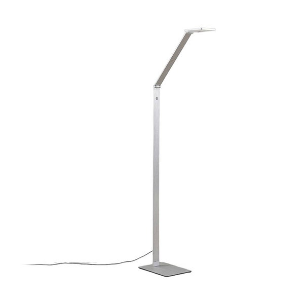 Moderne LED-Stehleuchte aus silberfarbenem Metall mit verstellbarem Arm und rechteckigem Standfuß.