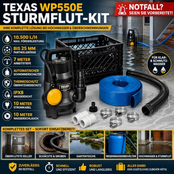 Texas WP550E Sturmflut Set für Hochwasser mit Tauchpumpe, Schlauch, Korb und Zubehör für Klarwasser und Schmutzwasser.