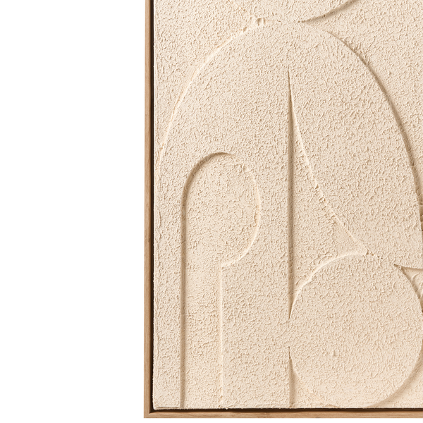 Detailansicht eines strukturierten Wandbildes mit abstrakten geometrischen Formen wie Bögen und Kreisen in einem Holzrahmen.