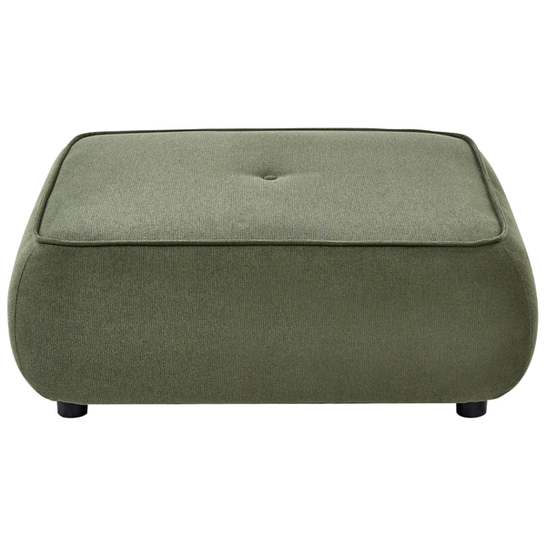 Rechteckiger Polsterhocker mit grünem Stoffbezug, Knopfheftung auf der Oberseite und schwarzen Füßen.