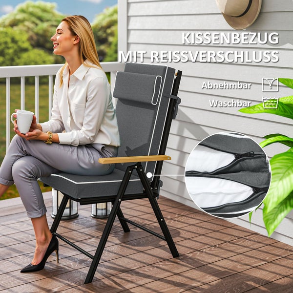 Outsunny Sitzkissen 120 x 47 x 9,5 cm wasserabweisend Stuhlkissen mit Bändern, Kopfstütze, UPF50+ Outdoor Indoor Sitzauflage, Sitzpolster für Klappstuhl, Essstuhl, Dunkelgrau