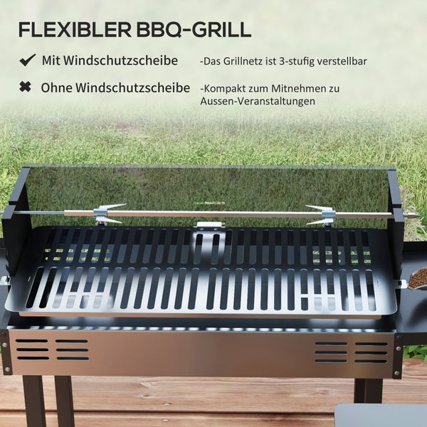 Outsunny Holzkohlegrill, Campinggrill mit Grillrost und Rotisserie-Kit, klappbar, faltbar, BBQ Rostfreier, 118 x 32 x 90 cm, Stahl+Metall, Schwarz