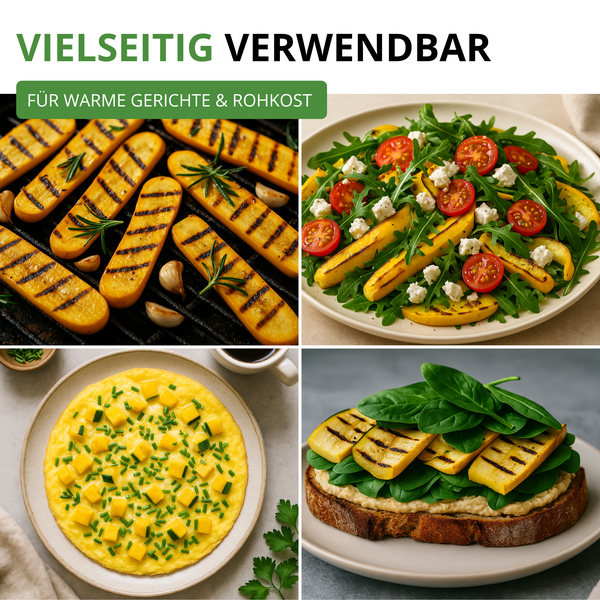 Vielseitig verwendbare gelbe Zucchini in verschiedenen Gerichten: gegrillt, im Salat, im Omelett und auf Brot.
