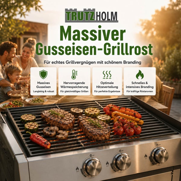 Trutzholm massiver Gusseisen Grillrost auf einem Gasgrill mit Steaks und Gemüse beim Grillen im Garten im Hintergrund.