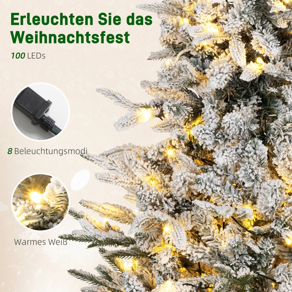 Beschneiter künstlicher Weihnachtsbaum mit 100 warmweißen LEDs, 8 Beleuchtungsmodi sowie Detailansichten der Lichter und des Steuergeräts.