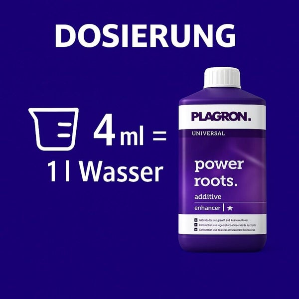 Dosierungsinformationen für Plagron Power Roots Zusatz für Pflanzen: 4 ml auf 1 Liter Wasser.