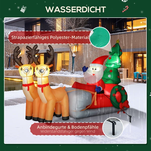 Aufblasbare Weihnachtsdekoration: Weihnachtsmann im Schlitten mit zwei Rentieren und Tannenbaum, wasserfestes Polyester mit Bodenbefestigung.