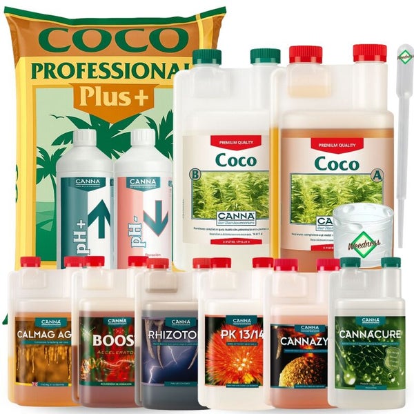 CANNA Set für Pflanzenzucht auf Kokossubstrat: Coco Professional Plus, Dünger, Additive, pH-Regulatoren, Pipette und Messbecher.