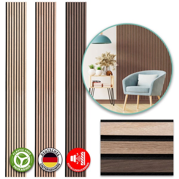 Akustikpaneele aus Holz in verschiedenen Farbtönen mit den Kennzeichen Plastikfreie Verpackung, Deutsches Unternehmen und Schallreduzierend