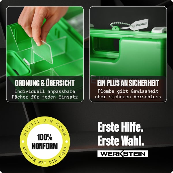 Grüner Erste Hilfe Koffer mit individuell anpassbaren Fächern, Sicherheitsplombe und Übereinstimmung mit DIN 13157. Werkstein Logo.
