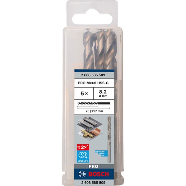 Bosch Pro Metal HSS-G Metallbohrer Set, 5 Stück, Durchmesser 8,2 mm
