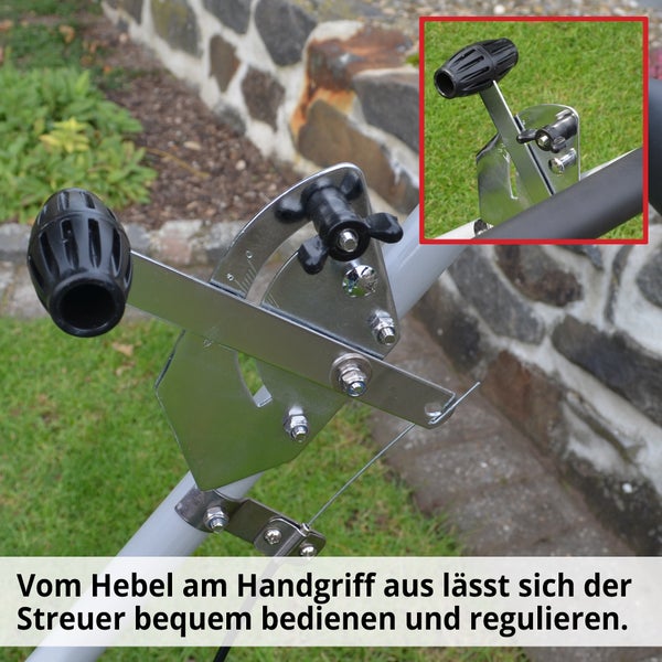 Detailansicht eines Bedienhebels für einen Streuer.