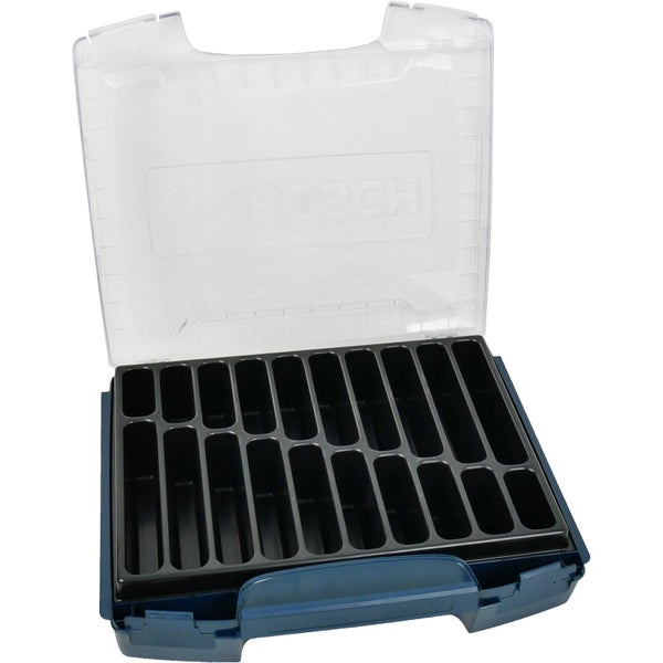 Bosch Organizer-Box mit transparentem Deckel, schwarzem Einsatz mit mehreren Fächern und Bosch Logo.