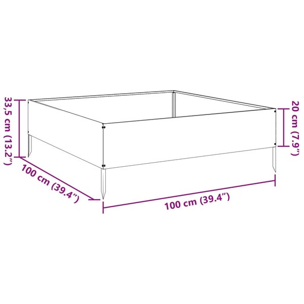 Quadratisches Hochbeet mit Abmessungen von 100 mal 100 Zentimeter, einer Seitenhöhe von 20 Zentimeter und einer Gesamthöhe von 33,5 Zentimeter.