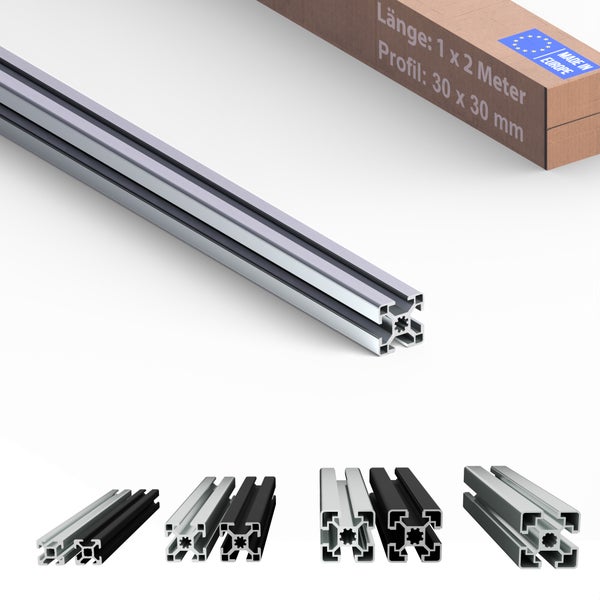 Aluminiumprofil 30 x 30 Millimeter, Länge ein bis zwei Meter mit Verpackung und Made in Europe Kennzeichen