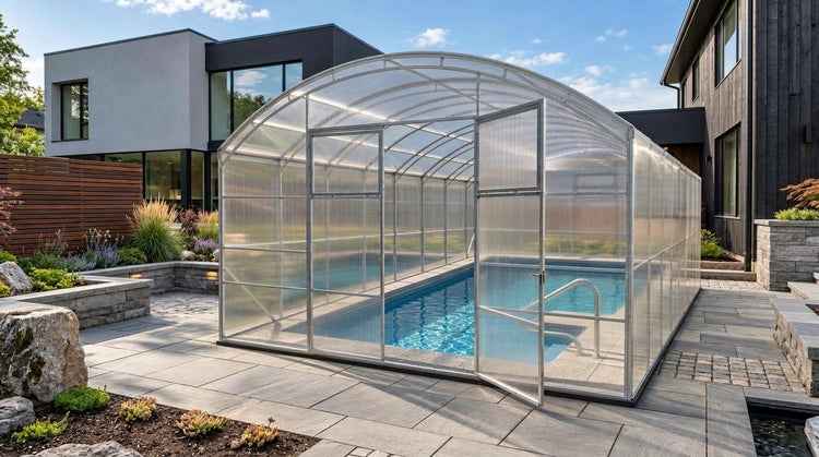 Großes, überdachtes Schwimmbecken mit einer gewölbten Poolüberdachung aus transparenten Kunststoffplatten im Garten eines modernen Hauses.