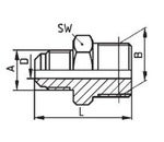 Technische Zeichnung eines Doppelnippels mit Maßangaben für Länge, Durchmesser und Schlüsselweite.