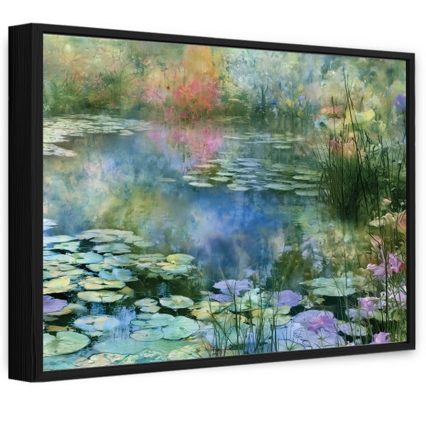 Wandbild mit Impressionistischem Seerosenteich Motiv und schwarzem Rahmen im Querformat.