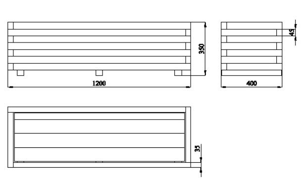 Maßzeichnung eines rechteckigen Pflanzkastens mit 1200 Millimeter Länge, 350 Millimeter Höhe und 400 Millimeter Breite.