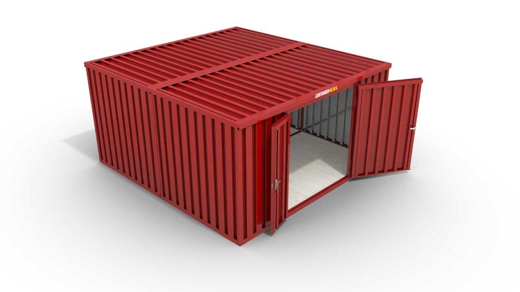 Lagercontainer Gerätehaus L2  – 16 qm, H2150 x B4050 x T4340 mm, Außenwandlackierung RAL 3000 feuerrot, Dach außen verzinkt, mit Holzfußboden, 1830 mm Doppelflügeltür mittig in Stirnseite, montiert