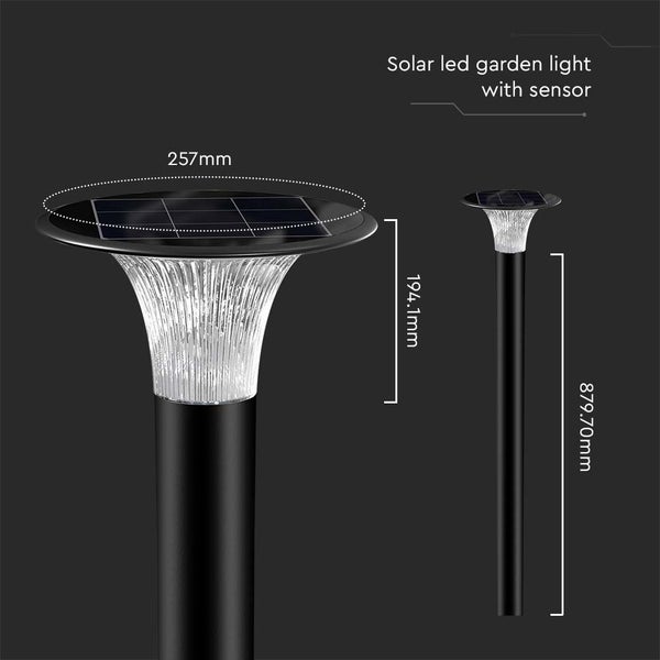 Solar LED Gartenleuchte mit Sensor und Maßangaben