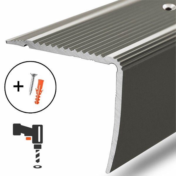 Treppenkantenprofil aus Aluminium mit geriffelter Oberfläche, inklusive Schrauben und Dübeln für die Montage durch Bohren.