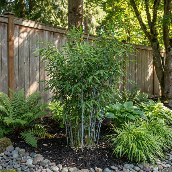 Grüner Bambus in einem Gartenbeet mit Mulch, Farnen und Hostas vor einem Holzzaun.
