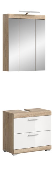 Badezimmermöbel-Set bestehend aus einem dreitürigen Spiegelschrank mit Beleuchtung und einem Waschtischunterschrank mit zwei weißen Schubladen.