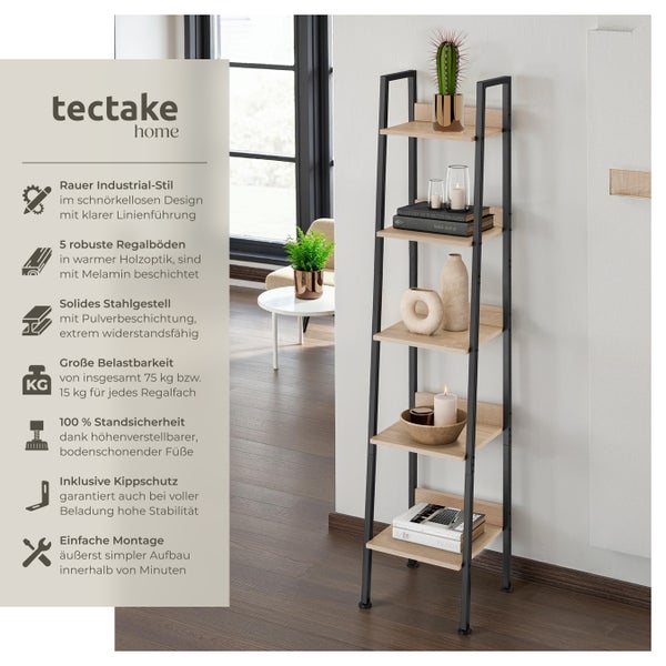 Leiterregal tectake Folkestone inklusive Kippschutz, 35,5 x 31,5 x 170,5 cm Industrial Style Industrial Holz hell, Eiche Sonoma