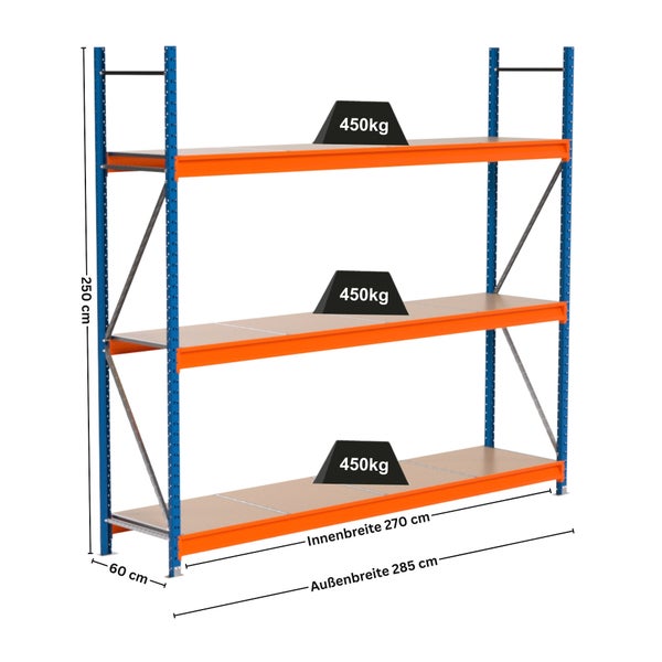 Metallregal mit drei Ebenen und einer Traglast von 450 Kilogramm pro Ebene