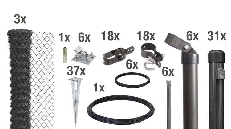 Komplettes Maschendrahtzaun Set mit Zaunrollen, Pfosten, Spannelementen, Draht und Montagezubehör für den Gartenbau.