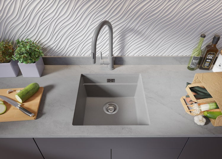 PRIMAGRAN Unterbauspüle Granit Grau 46x47cm, Spülbecken 1 Becken + Ablauf-Set + Aufrollbare Abtropffläche, Granitspüle ab 50er Unterschrank - Praga