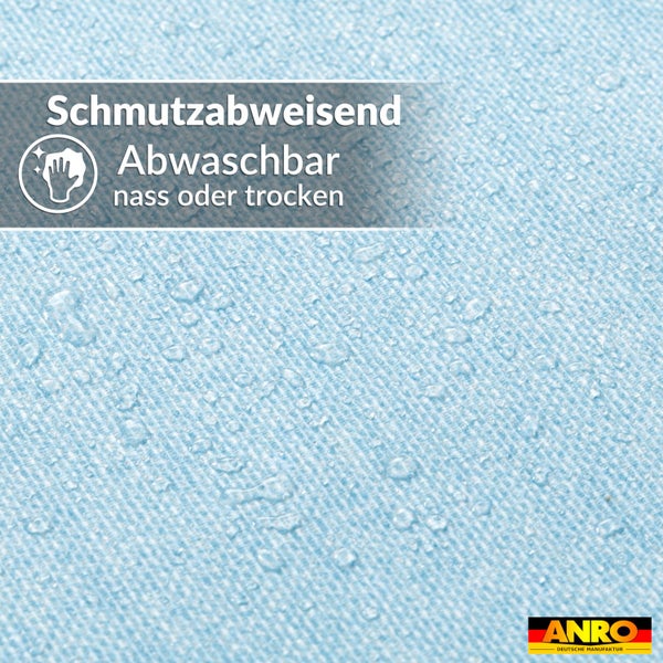 Schmutzabweisende Oberfläche, nass oder trocken abwaschbar. ANRO Deutsche Manufaktur Logo.