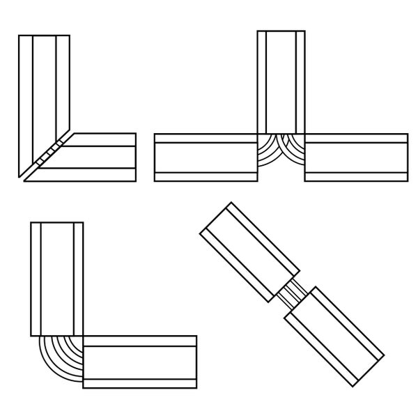 Grafische Darstellung von verschiedenen Eckverbindern und Profilverbindungen für Schienen oder Leisten.